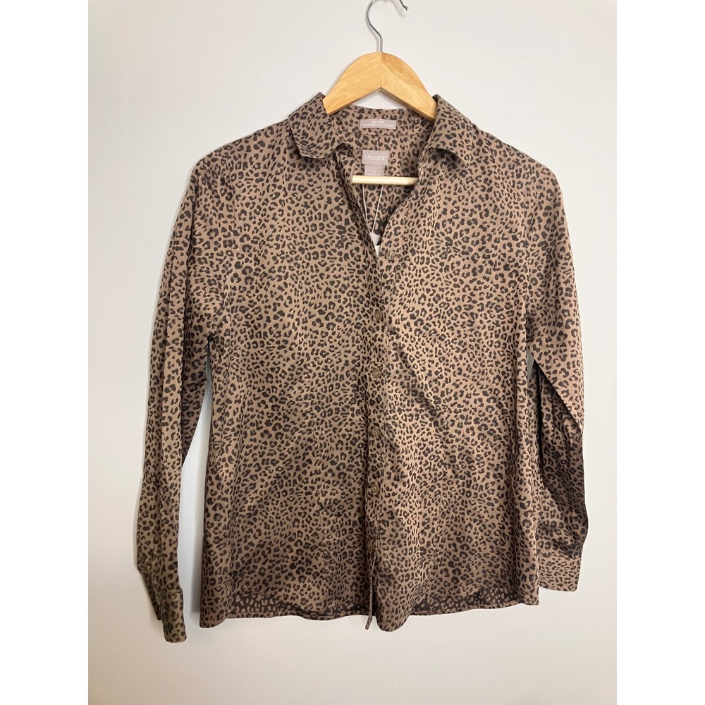 Chico's Button Down Shirt Women size 4/6 Brown NWT Animal Print No Iron Coolmax